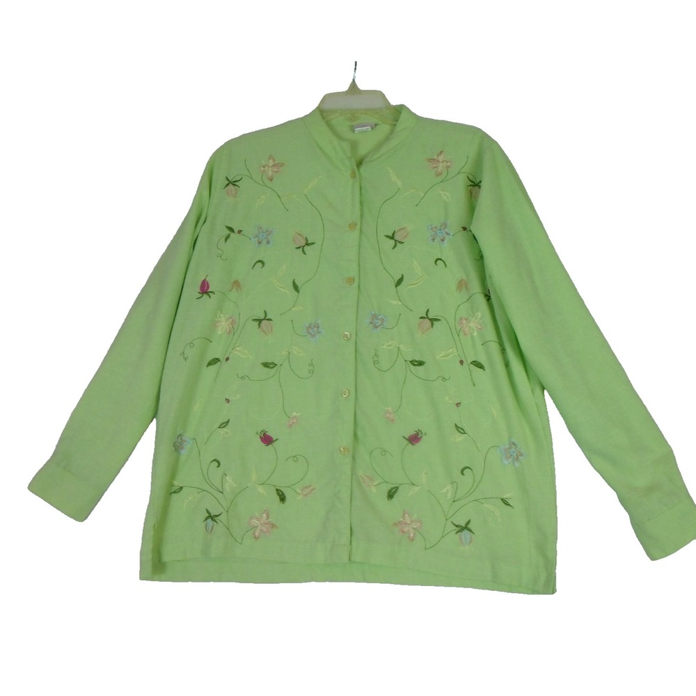 VTG Adrian Dilefield‎ Shirt Womens L Green Embroidered Long Sleeve Floral Button